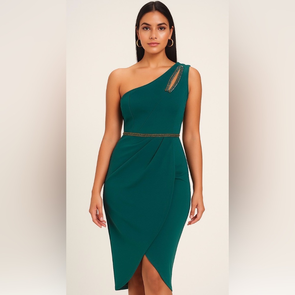 PrettyGarden One-Shoulder Green Dress with rhinestone detail Medium